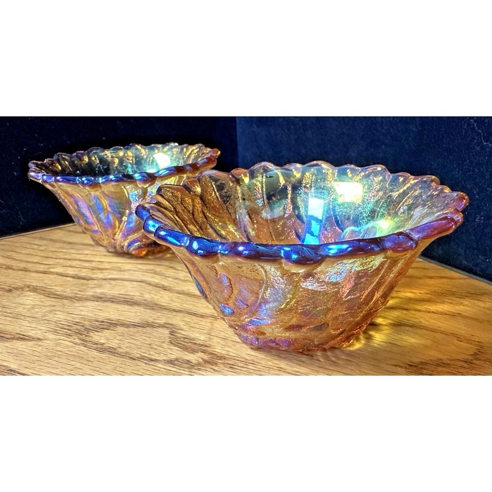 Vintage Carnival Glass Marigold Iridescent Candlestick Holders Pair Scalloped